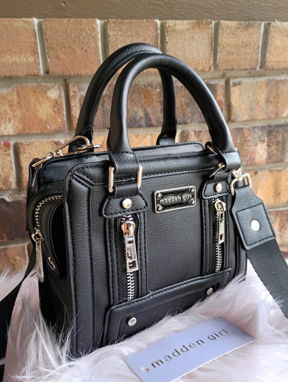 Madden Girl Black Moto Style Zipper Structured Top Handle Crossbody Bag/Satchel